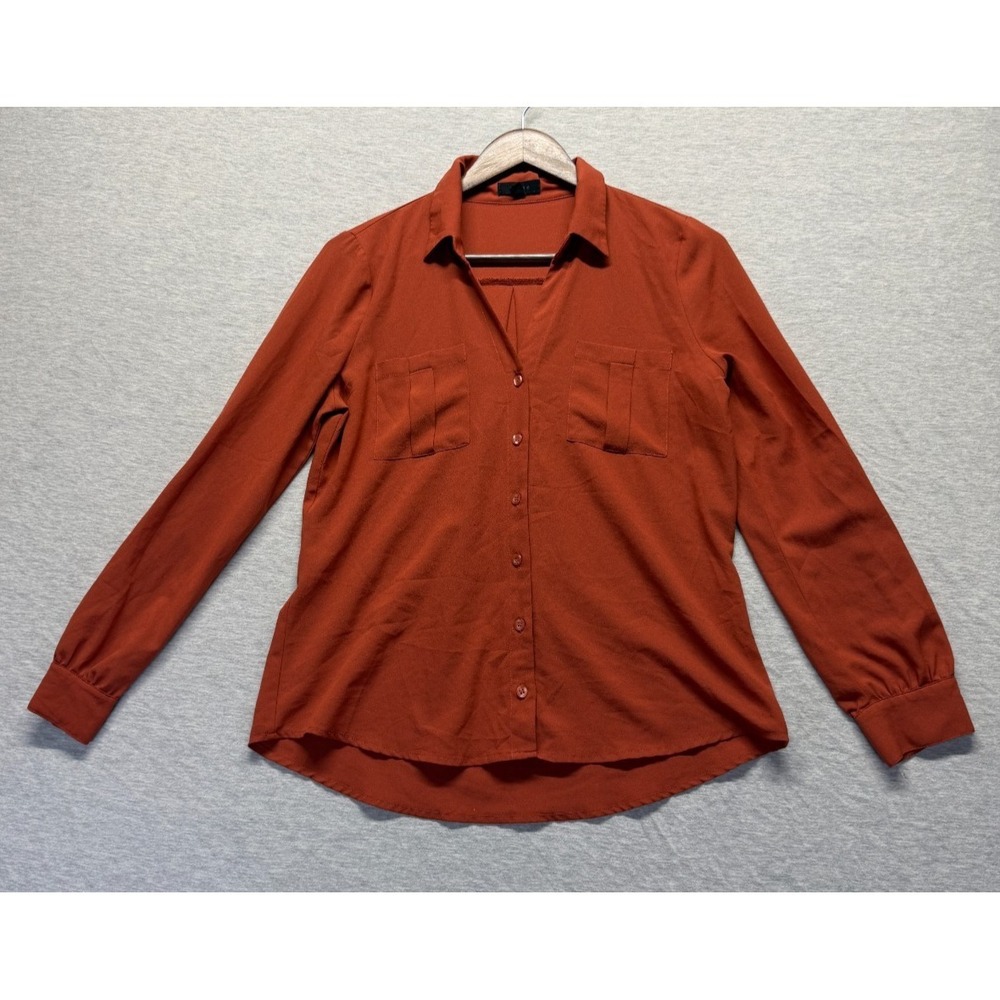 Mine Shirt Womens Medium Burnt Orange Pleated High Low Hem Collar Button Up